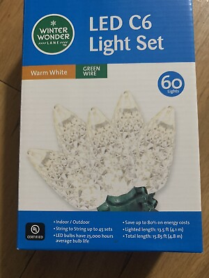#ad Winter Wonder Lane LED C6 Light Set Cool White 60 Christmas Lights Green Wire $15.00