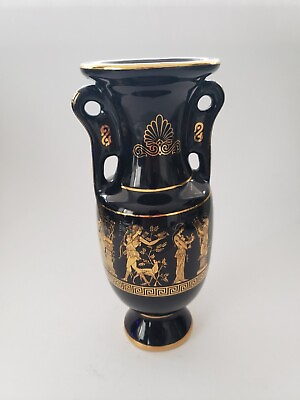 #ad VTG Hand Made Black 24K Gold Detailing Greek Pottery Vase 9quot; $19.99