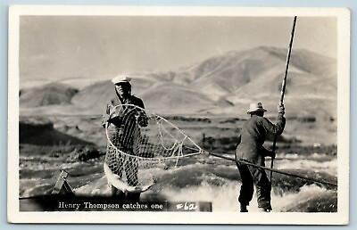 #ad Postcard Native American Henry Thompson Net Fishing RPPC c1940s Celilo Falls AD7 $29.99