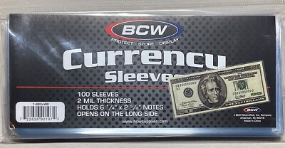#ad 100 BCW Regular Currency 2 Mil Soft Poly Sleeves Holder Storage US Note Bill $5.70