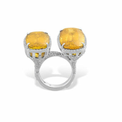 #ad Two Huge Honey 38.29CT Yellow Cushion Cut Citrine amp; CZ Fashion Party Ring $320.00