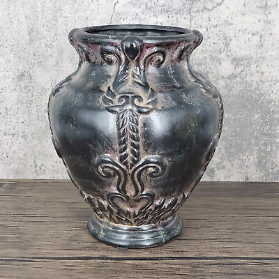 #ad Vintage Greek Urn Style 9quot; Black Ceramic Vase Flowerpot $19.95
