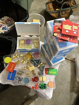 #ad Lot of OPENED Monopoly Community Chest Items 4 Chests Over 70 Metal Pcs $65.00