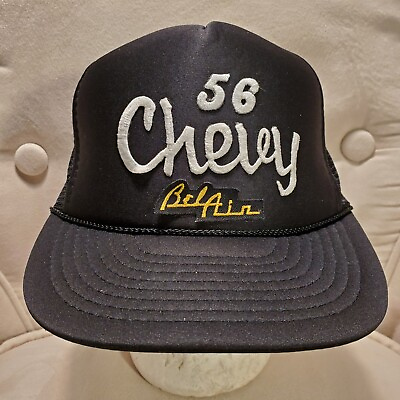 #ad Vintage 56 Chevy Bel Air Rope Mesh Hat Classic Car Black Snapback Cap Nissin $14.99