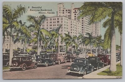 #ad Linen Biscayne Boulevard Lined With Cars amp; Palms Miami Florida Vintage Postcard $2.24