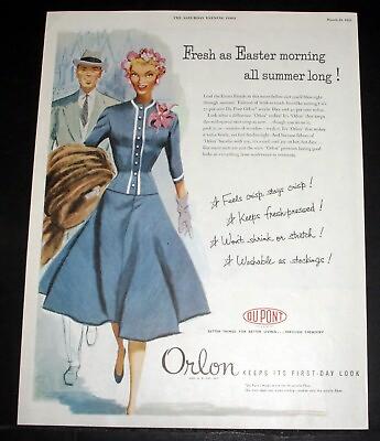 #ad 1952 OLD MAGAZINE PRINT AD DUPONT ORLON KEEPS IT#x27;S FIRST DAY LOOK FOR EASTER $12.99
