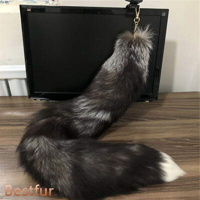 #ad 28quot; 39quot;47quot; Long Real Natural Silver Fox Fur Tail Keychain Cosplay Toys Pendant $19.50