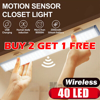 #ad New Wireless LED Motion Sensor Light Strip Cabinet Lamp Closet USB Rechargeable $6.99