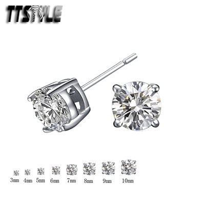#ad TTStyle 18K White Gold Plated Clear CZ Round Stud Earrings A pair 3 10mm NEW AU $5.99