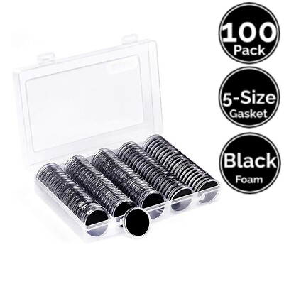 #ad 100 Pack 30 mm Coin Capsule Holders w 5 17 20 25 27 30mm Black Gasket amp; Case $14.95