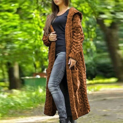 #ad Women Twisted Coat Knitted Sweater Cardigan Long Sleeve Hooded Long Outwear Size $45.23