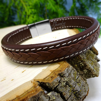 #ad Genuine Brown Leather Braided Double Stitched Bracelet $33.00