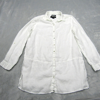 #ad Tahari 100% Linen Tunic Top Button Front White Shirt Roll Tab Sleeve Size Medium $25.99