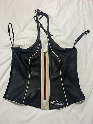 #ad Harley Davidson Ladies Red Black Cream Leather Zip Up Halter Top Vest Medium $99.99