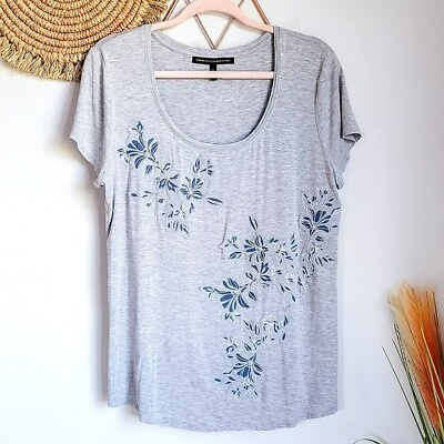 #ad White House Black Market Everyday Tee Gray amp; Blue Floral Applique Size Large $8.75