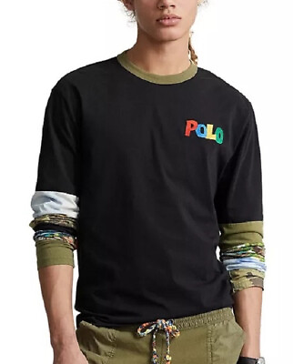 #ad Polo Ralph Lauren Men#x27;s Logo Patchwork Sleeves T Shirt $198 L $79.50