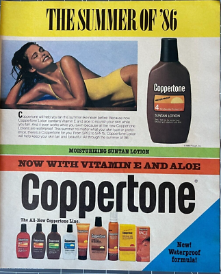#ad 1986 Coppertone Vintage Print Ad Waterproof The Summer of #x27;86 Sun Tanning Lotion $12.95