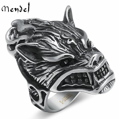 #ad MENDEL Mens Stainless Steel Viking Biker Punk Celtic Wolf Head Ring Size 7 15 $10.99