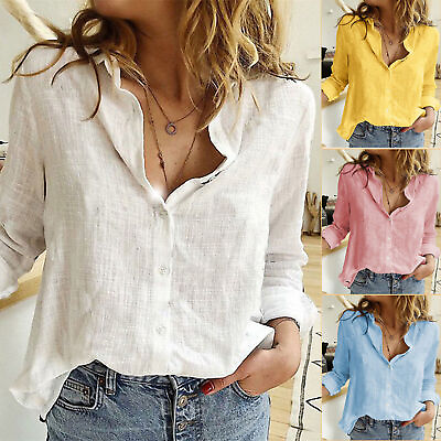 #ad #ad Womens Linen Cotton Shirt Button Up Tops Long Sleeve Casual Loose Blouse $13.99