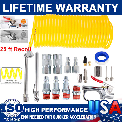 #ad 20 Air Compressor Accessories Set 1 4 inch x25 ft Recoil Poly Air Hose Kit Chuck $23.95