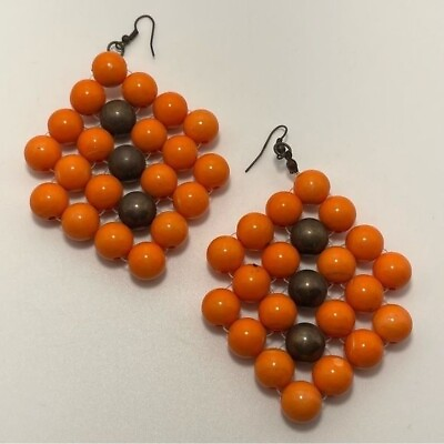 #ad Vintage Orange and Antiqued Gold Tone Beaded Dangle Earrings $10.00