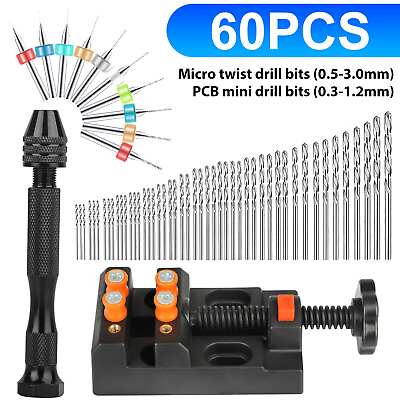 #ad 60Pcs Pin Bench Vise Mini Micro Hand Twist Drill Bits Set for Rotary Tools Kit $14.59