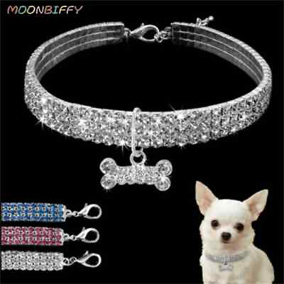 #ad Pet Accessories 3 Rows Rhinestone Elastic Dog Cat Crystal Collars Necklaces $12.94