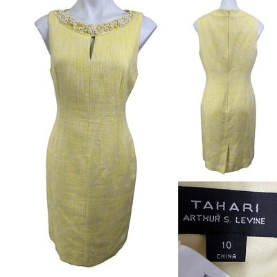 #ad Tahari ASL dress size 10 yellow faux pearl embellished sleeveless cotton blend $22.00