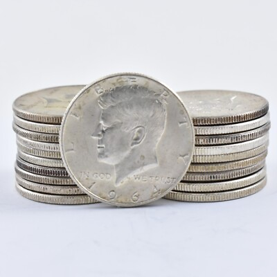 #ad 1964 Kennedy Half Dollar $10 Face 90% Silver Roll 20 Coin Bulk Lot Collection $224.99
