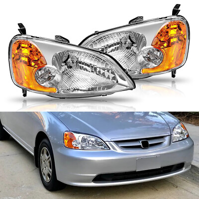 #ad Headlights Fits 2001 2003 Honda Civic 2 4Dr Coupe Sedan Clear Lamps LeftRight $68.39