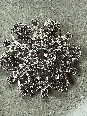 #ad Large Gray Rhinestone Encrusted Silvertone FLOWER Brooch Pin Pendant Combination $12.31