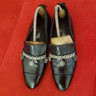 #ad Chanel Black Flat Women Shoe Size 39 Logo Leather Loafers US 9 $399.00