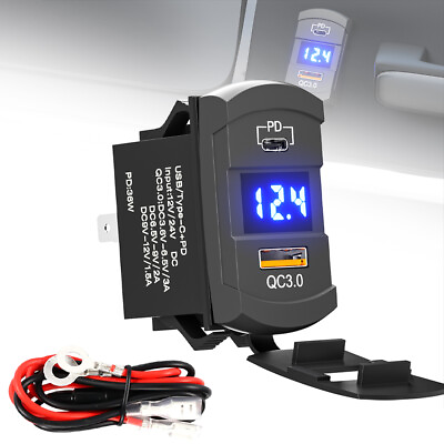#ad 36W USB Type CPD Boat Car Charger Socket Blue LED Voltmeter Rocker Switch $13.98