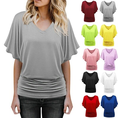 #ad Summer Women V Neck Fashion Batwing Sleeve Plus Size T Shirt Solid Blouse Top $10.75