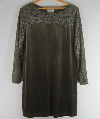 #ad Vtg Dressing Clio Womens M Taupe Brown Olive LS Stretch Velvet Dress Floral $34.99