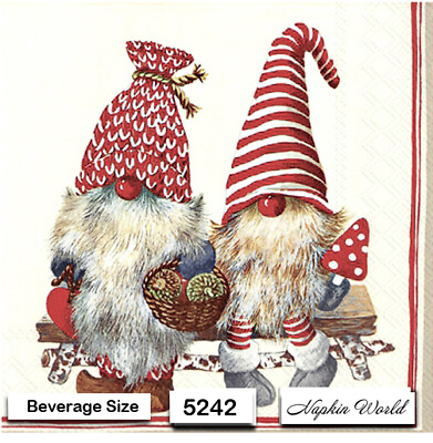 #ad 5242 TWO Individual Paper BEVERAGE COCKTAIL Decoupage Napkins GNOME TOMTE $1.95