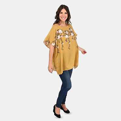 #ad TAMSY Yellow Polyester Flower Pattern Boat Neck Medium Sleeve Embroidered Kaftan $17.99