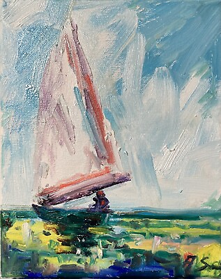 #ad Landscape Oil Painting Canvas Impressionism Collectable sailboat at sea vtl $35.70