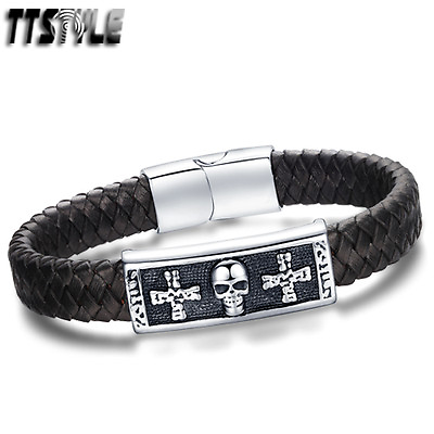 #ad TTstyle Black Leather 316L Stainless Steel Iron Cross Skull Bracelet Wristband AU $25.99