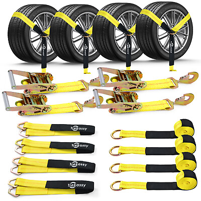 #ad 4 Pack Wheel Car Tie Down Straps for Trailers Ratchet Straps Heavy Duty 10000lb $76.05