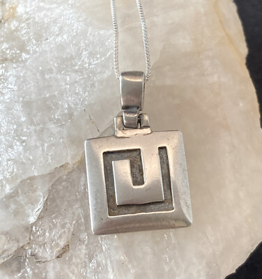 #ad Vintage Maze Pattern Square Sterling Silver 925 Pendant 18#x27;#x27; Chain Necklace 4.8g $31.64