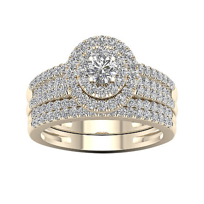 #ad 14K Yellow Gold 1Ct Diamond Double Halo Engagement Ring Set $1469.99