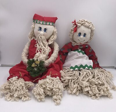 #ad Vintage RARE Christmas Mop Dolls Mr. amp; Mrs. Claus Plush Santa Handmade Dolls $102.00