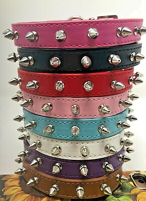 #ad Dog Collar Spikes Studded Rivets Adjustable Faux Leather XS S M L 8 Colors $9.99