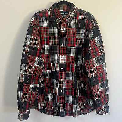 #ad Ralph Lauren Patchwork Madras Plaid Button Front Shirt Men Size 16 1 2 L $50.00