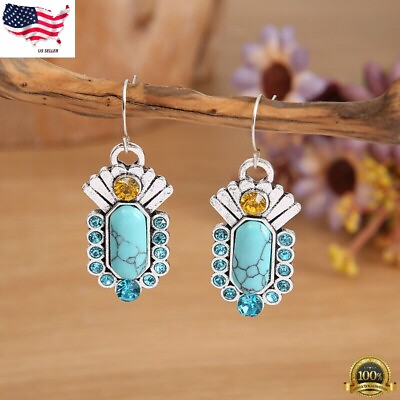 #ad Boho Silver Plated Dangle Drop Earrings Hook Women Turquoise Jewelry Simulated $4.12