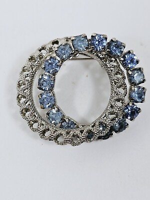 #ad Vintage Silvertone Blue Rhinestone Double Ring Brooch $6.00