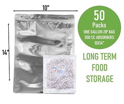 #ad 50PC 1 Gallon Mylar Bags Zip Seal Reusable Food Storage500CC Oxygen Absorbers $20.99