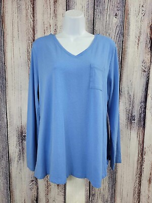 #ad LARGE BLUE A385194 Isaac Mizrahi Live V Neck Knit Top with Chest Pocket $26.00