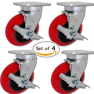 #ad CASTERHQ 4 inch x 2 inch Red Crowned Poly. Iron Swivel w Brake Caster Set of 4 $179.99